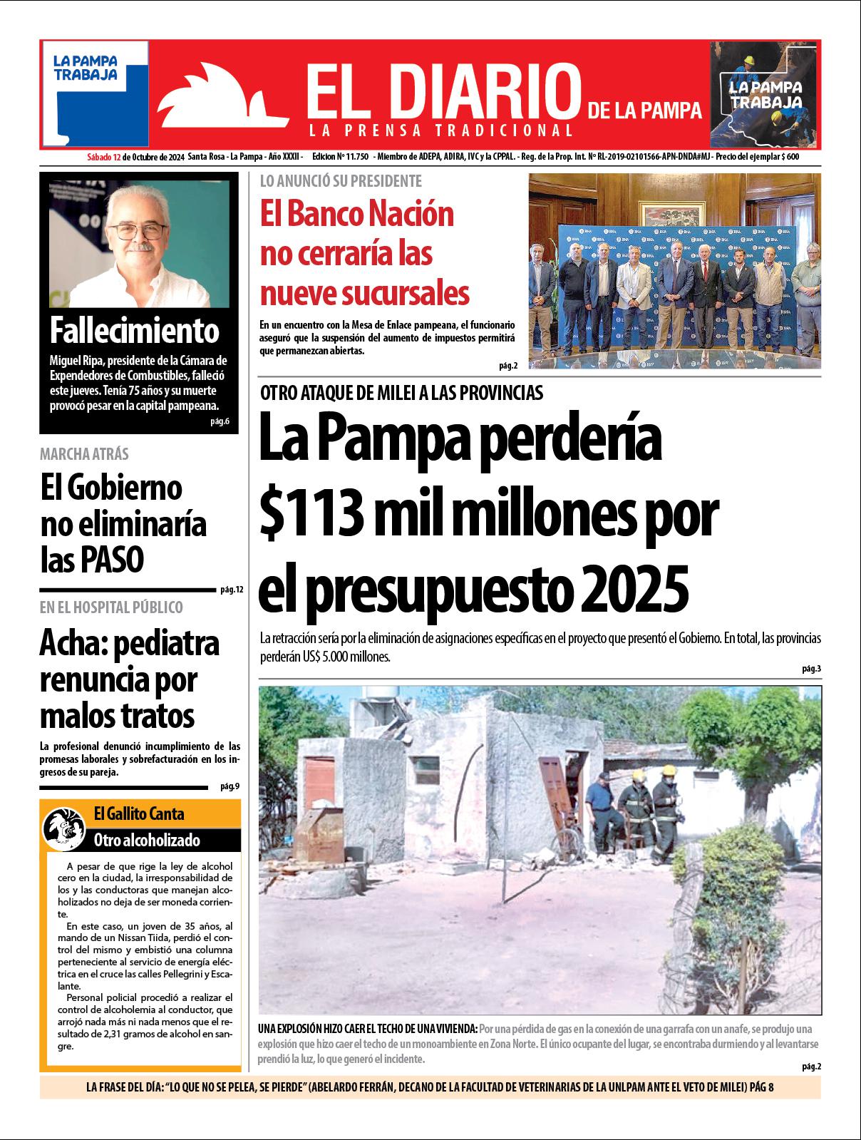 Tapa de El Diario en papel  saacutebado 12 de octubre de 2024